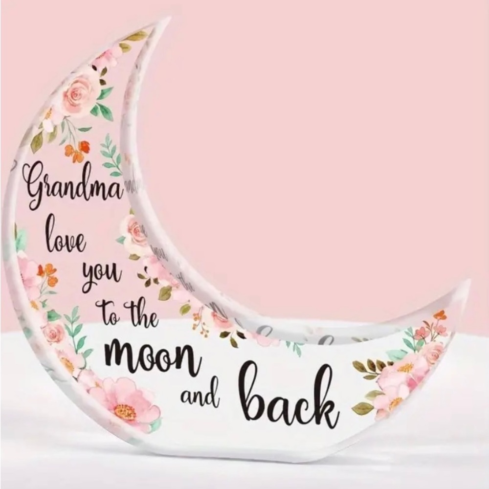 Grandma Moon & Back Pink Floral & Clear Acrylic Plaque.
